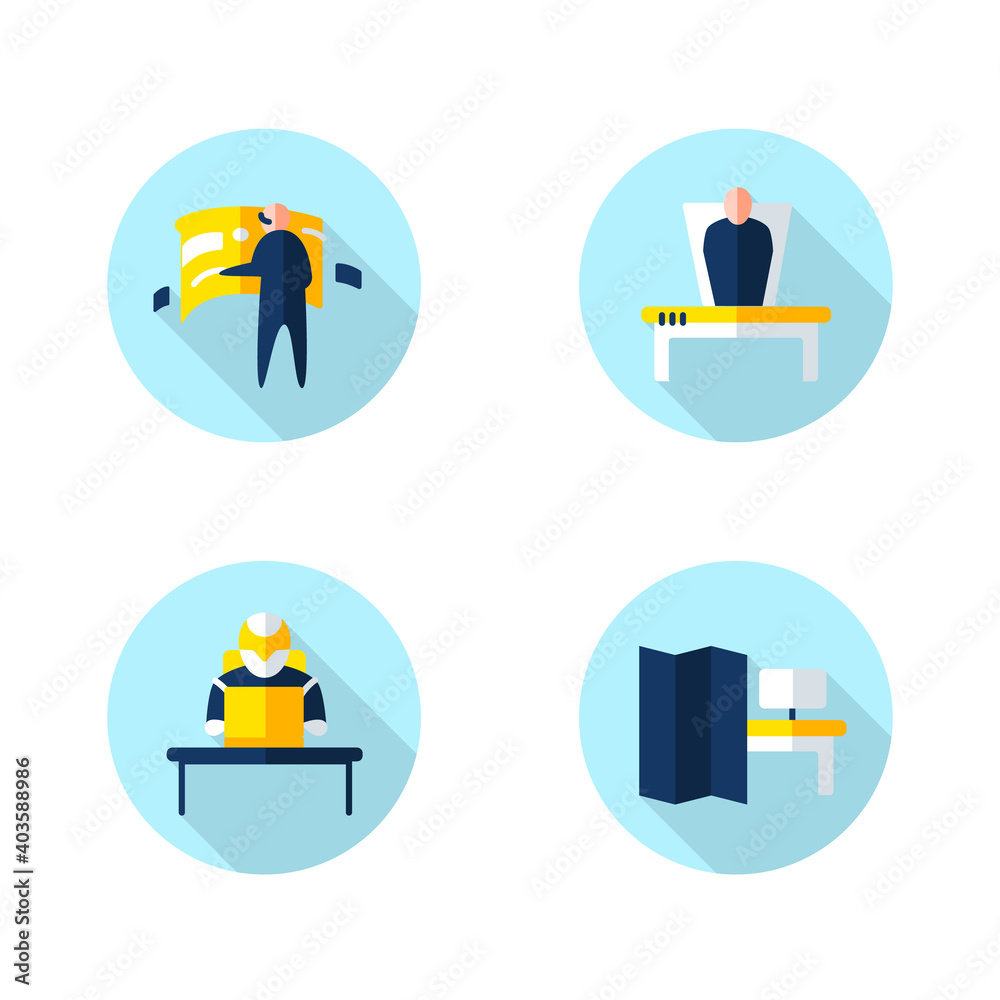 Fototapeta premium Futuristic office innovations flat icons set. Smart table, remote management, virtual reality and more. Smart technologies. Workplace in future concept. Color vector illustrations with shadow