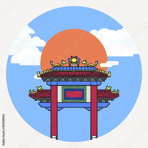 Red Royal Gubilee Gate with golden dragon, the architecture at the Odeon Roundabout.