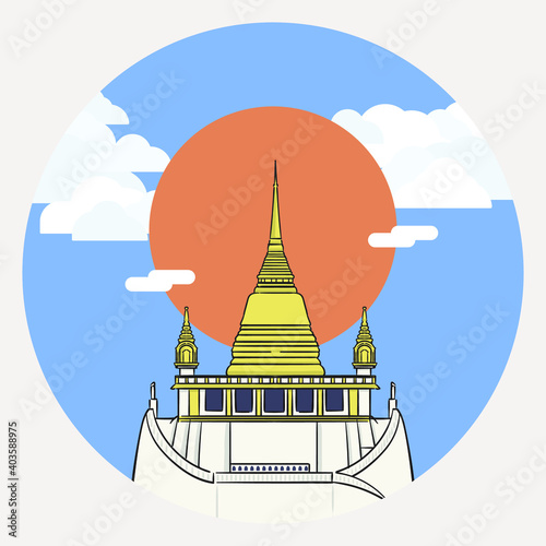 Wat Saket (Golden Mount) one of the most famous tourist attraction in Bangkok, Thailand with big sun and cloudy sky.