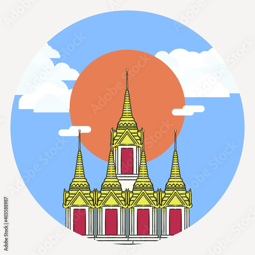 Illustration of Wat Ratchanadda as known as Loha Prasat, another famous tourist attraction in Bangkok, Thailand, with sunshine and cloudy bkue sky. photo