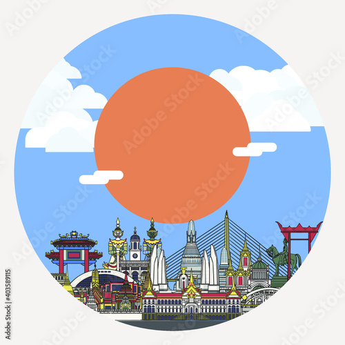 Collection of all the famous landmarks in Bangkok, Thailand that the traveller must visit with sunshine and cloudy sky.