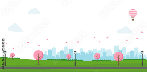 Fototapeta Naklejka Na Ścianę i Meble -  Public park landscape vector illustration. Spring season. Cherry blossoms.