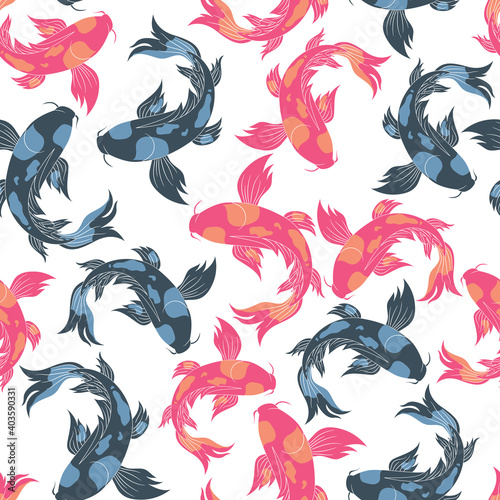 Vector pink and blue japanese koi fish seamless pattern background on white surface. Perfect use for fabric, wallpaper, prints, home decor products, kids clothing etc.