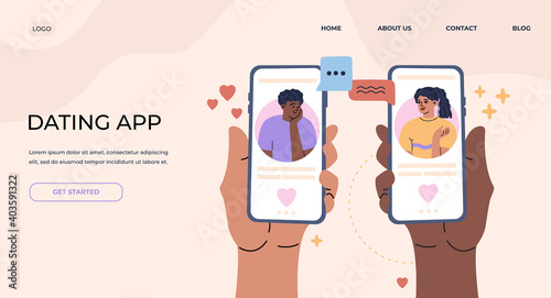 Valentines Day video call, online dating landing page. Young girl and guy in love have a date at a distance, couple talk and flirt by videoconference. Modern trendy illustration in flat cartoon style