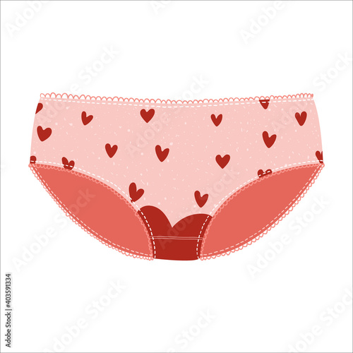 Women pink panties with red hearts pattern and red drops of blood. Vector illustration in cartoons flat style. Cute female underwear clip art, isolated on white background. Women hygiene concept.