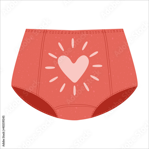 Women pink panties with heart. Vector illustration in cartoons flat style. Cute female underwear clip art, isolated on white background. Women hygiene concept.