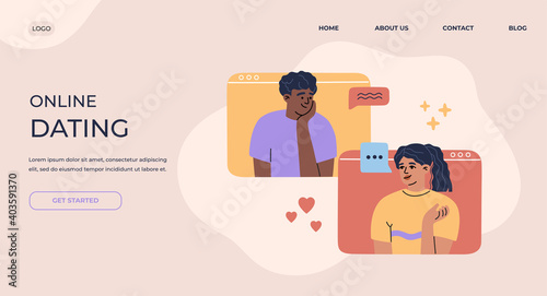 Valentines Day video call, online dating landing page. Young girl and guy in love have a date at a distance, couple talk and flirt by videoconference. Modern trendy illustration in flat cartoon style