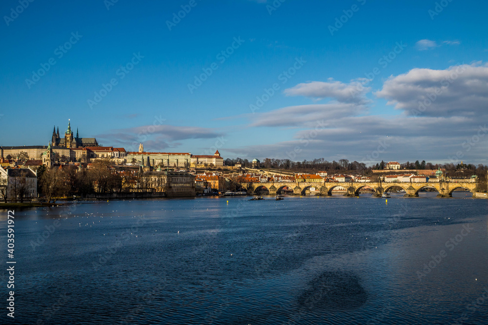 View on Hradcany and Charles Bridge, Vltava river, Prague, Czech republic 2017