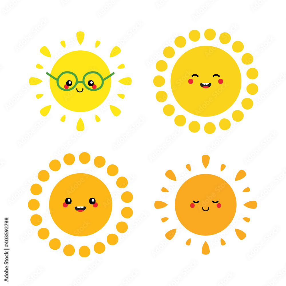 Set, collection of happy and smiling cartoon sun characters in different shapes for summer design.