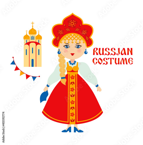 Russian folk costume, russian woman with church, temple.