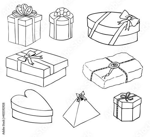 A set of gift boxes of various shapes and types with bows and without. Outline black and white drawing, isolated image.