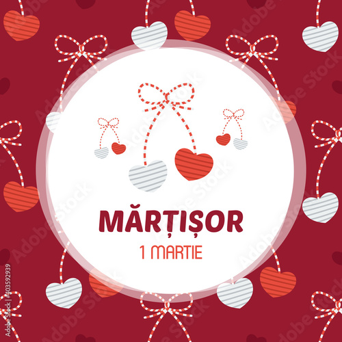 Martisor hearts trinket vector card, illustration. March 1st holiday of spring in Romania and Moldova.