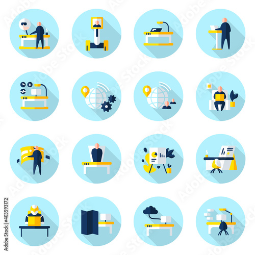 Futuristic office innovations flat icons set. Smart table, remote management, virtual reality and more. Smart technologies. Workplace in future concept. Color vector illustrations with shadow