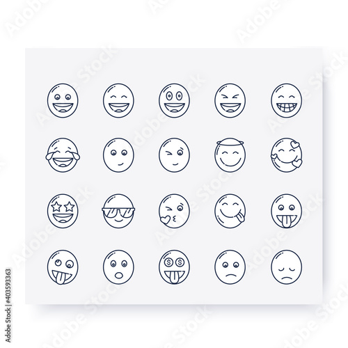 Cute emoji collection line icons set. Grinning, beaming, starry eyed face and more. . Outline drawn cartoons. Facial expression emoticons. Isolated vector illustrations. Editable stroke 