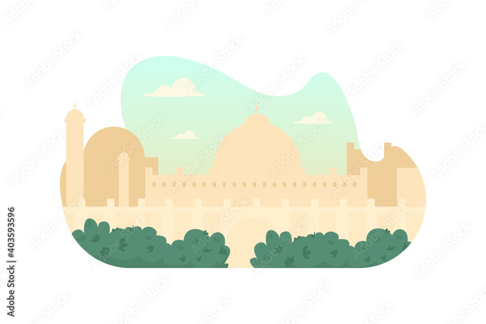 Islam mosque 2D vector web banner, poster. Saudi architecture. Moroccan minaret. Indian flat cityscape on cartoon background. Oriental culture printable patch, colorful web element
