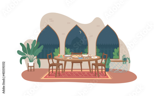 Ramadan meal 2D vector web banner, poster. Family dinner. Iftar, ramazan fasting. Traditional indian home flat interior on cartoon background. Arabian culture printable patch, colorful web element