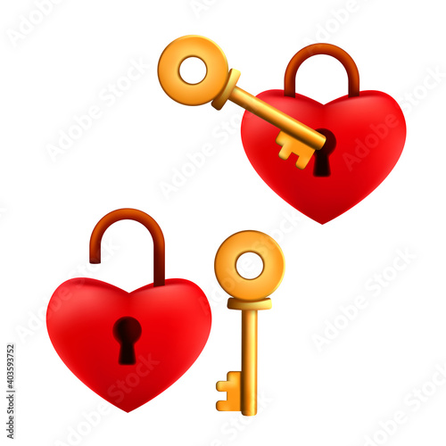 Set of locked and unlocked cartoon red heart shaped padlock with golden key isolated on a white background