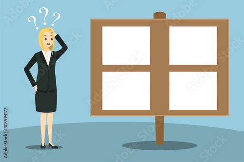 Illustration Young businesswoman with choice and job problems. urgent task ,deadline , overtime , solve , vector eps10