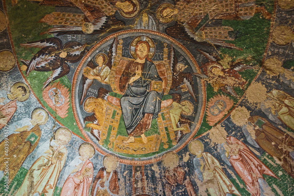 Fresco details from christian churches hidden and carved in caves near Goreme, Cappadocia, Anatolia, Turkey