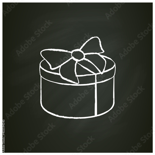 Round present chalk icon. Gift box with bow ribbon. Holiday congratulation, surprise concept. Holiday offer. Christmas, new year, birthday celebration. Isolated vector illustration on chalkboard
