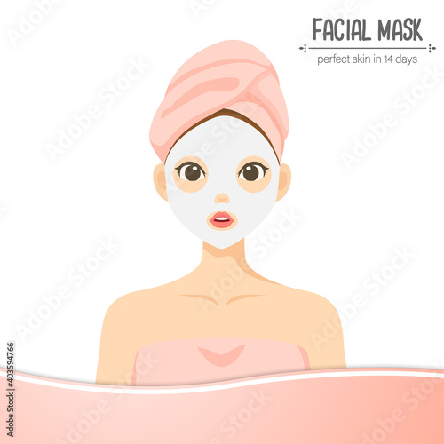 Illustration cute character facial mask isolated on white background with pink label. Treatments. beauty perfect skin.