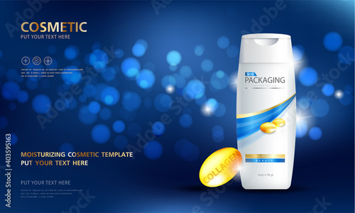 Bottles of shampoo. Cosmetic for design on purple background. Vector illustration.