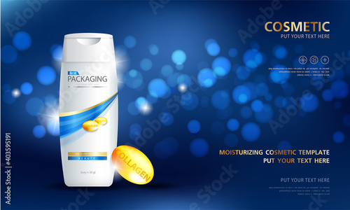 Bottles of shampoo. Cosmetic for design on purple background. Vector illustration.