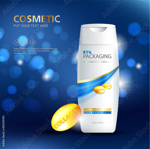 Bottles of shampoo. Cosmetic for design on purple background. Vector illustration.
