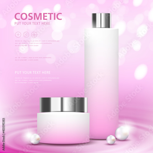 cosmetic product poster, bottle package design with moisturizer cream or liquid, sparkling background with glitter polka, vector design.