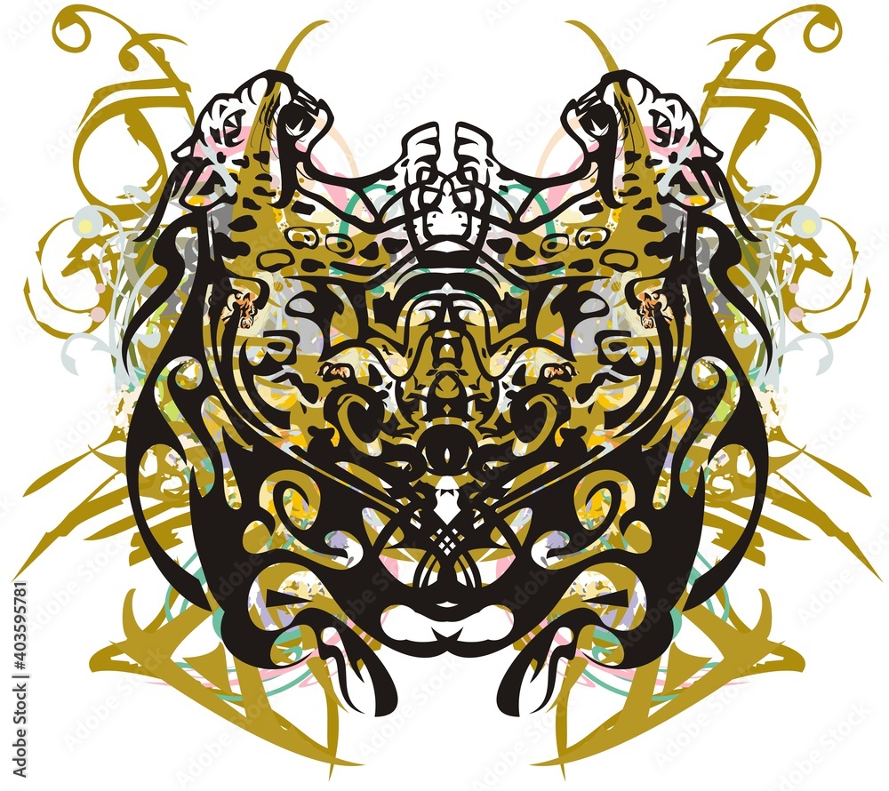 Fototapeta Colorful tropical motives with jaguar patterns. Golden floral butterfly wings formed by jaguar elements on the white for textiles, wallpapers, postcards, prints on T-shirts, tattoos, etc.