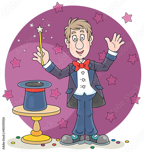 Artful circus magician illusionist conjuring tricks and waving a magic wand above his mysterious hat on a stage, vector cartoon illustration isolated on a white background