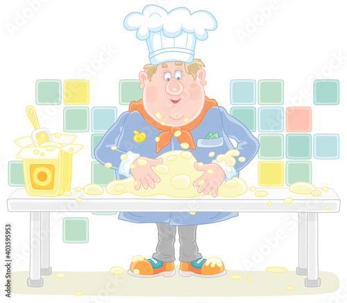 Funny fat cook in uniform standing at his kitchen table and kneading white dough to cook a tasty pie for a holiday, vector cartoon illustration isolated on a white background