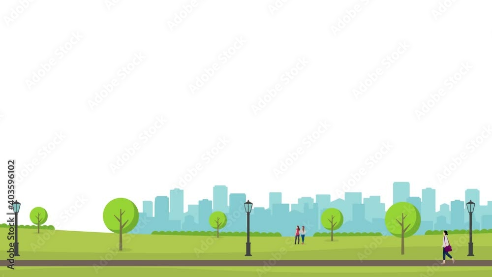 Animation of people walking in the green park. 4K video.