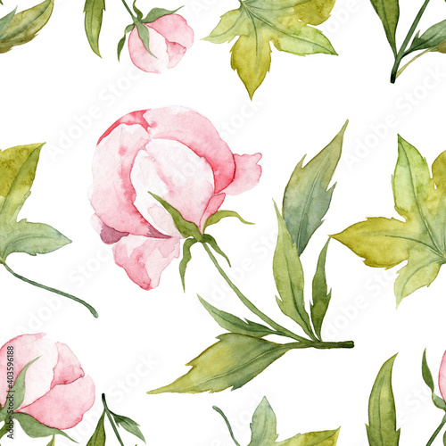 Watercolor seamless pattern with leaves and peony buds