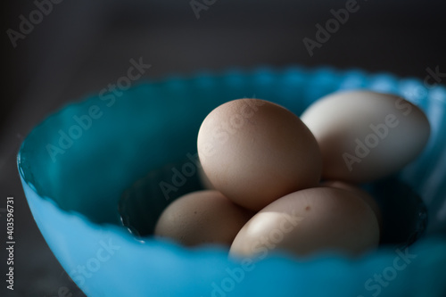 Close up Eggs in a blue bowl