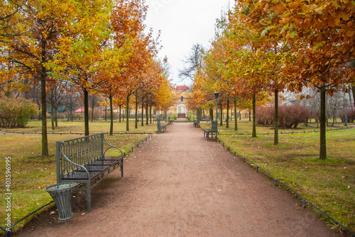 Golden autumn view in the Derzhavin Palace Gardens in Saint Petersburg, Russia
