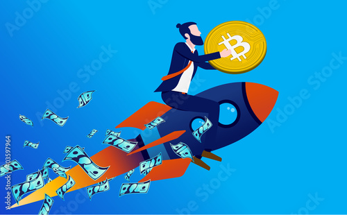Bitcoin going up - Man on rocket flying to the sky holding crypto currency in hands. Investing and profits concept. Vector illustration.