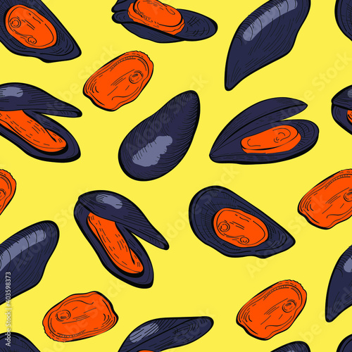 mussels food, hand drawn vector seamless pattern isolated on yellow background. Concept for logo, menu, cards print , wallpaper