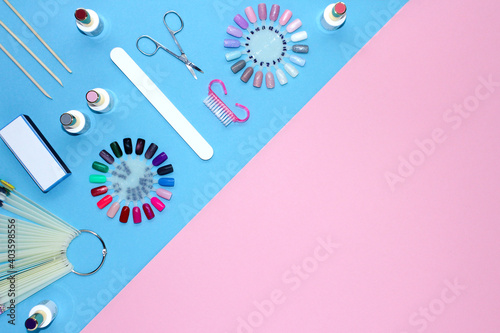 Nail care. set of professional manicure tools. Top view of manicure and pedicure equipment