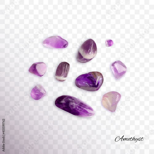 Amethyst crystals isolated. Purple quartz pebbles and crystal