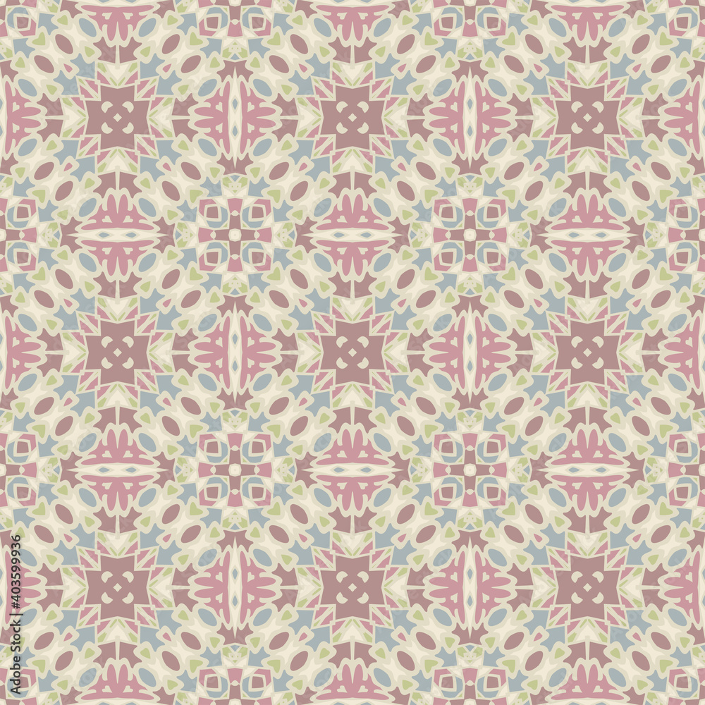 Abstract geometric seamless pattern in beige pink blue brown .Vector. Use this pattern in the design of carpet, shawl, pillow, textile, ceramic tiles, surface.