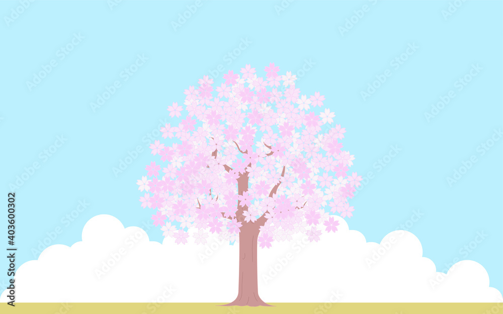 満開の桜の木、青空と雲の背景、イラスト素材