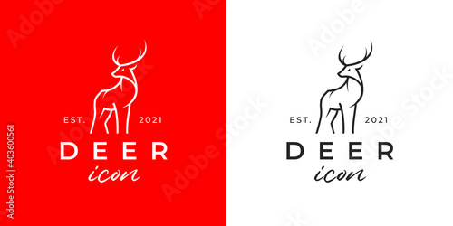 Deer logo. Buck line icon. Wild reindeer outdoor brand label. Elk antlers sign. Wildlife stag symbol. Vector illustration.