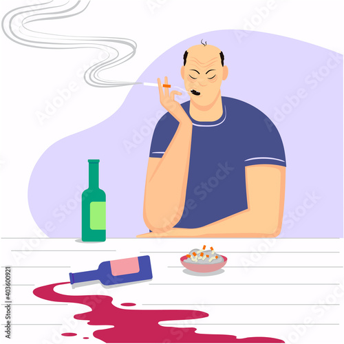 A man who smokes and drinks who leads an unhealthy lifestyle. Vector image depicting a health problem related to smoking and alcohol.