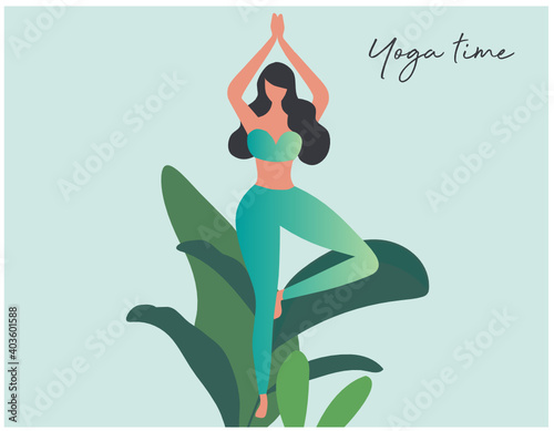Yoga time concept, beautiful woman doing yoga exercise vector illustration. Healthy lifestyle concept