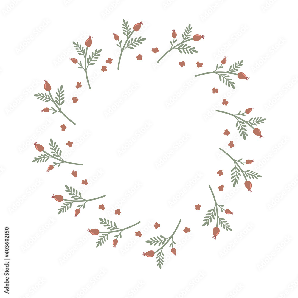 Vector floral wreath with rose hips. For invitation and wedding card. Vector illustration design. Isolated white background.