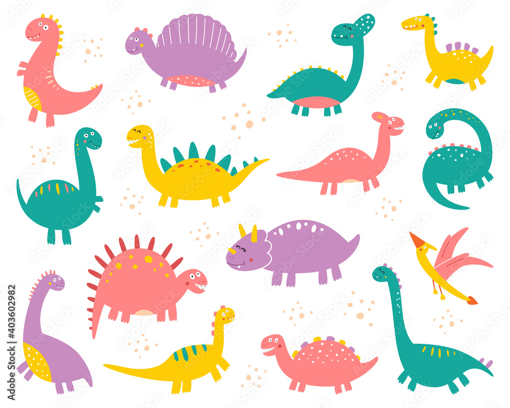 Vector collection of cute flat dinosaurs, including T-rex, Stegosaurus, Velociraptor, Pterodactyl, Brachiosaurus and Triceratop, isolated on white Vector collection of cute flat dinosaurs, including T-rex, Stegosaurus, Velociraptor, Pterodactyl, Brachiosaurus and Triceratop, isolated on white