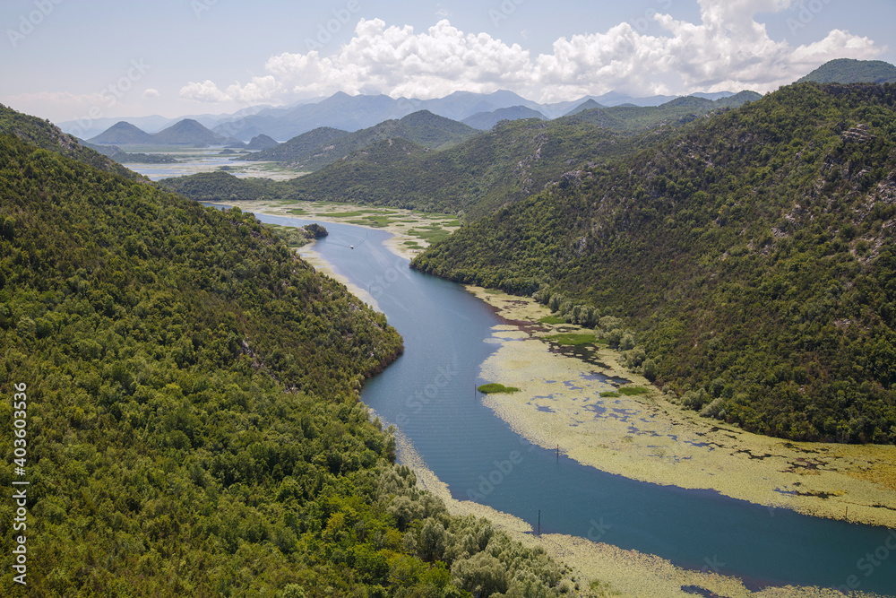 Landscape with a river flowing among the mountains, Skadar Lake, Montenegro.