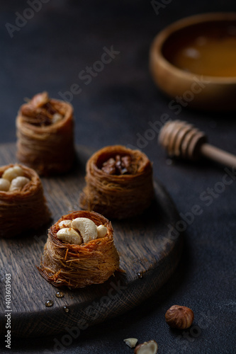 Baklava, a traditional oriental puff pastry sweet with nuts and honey