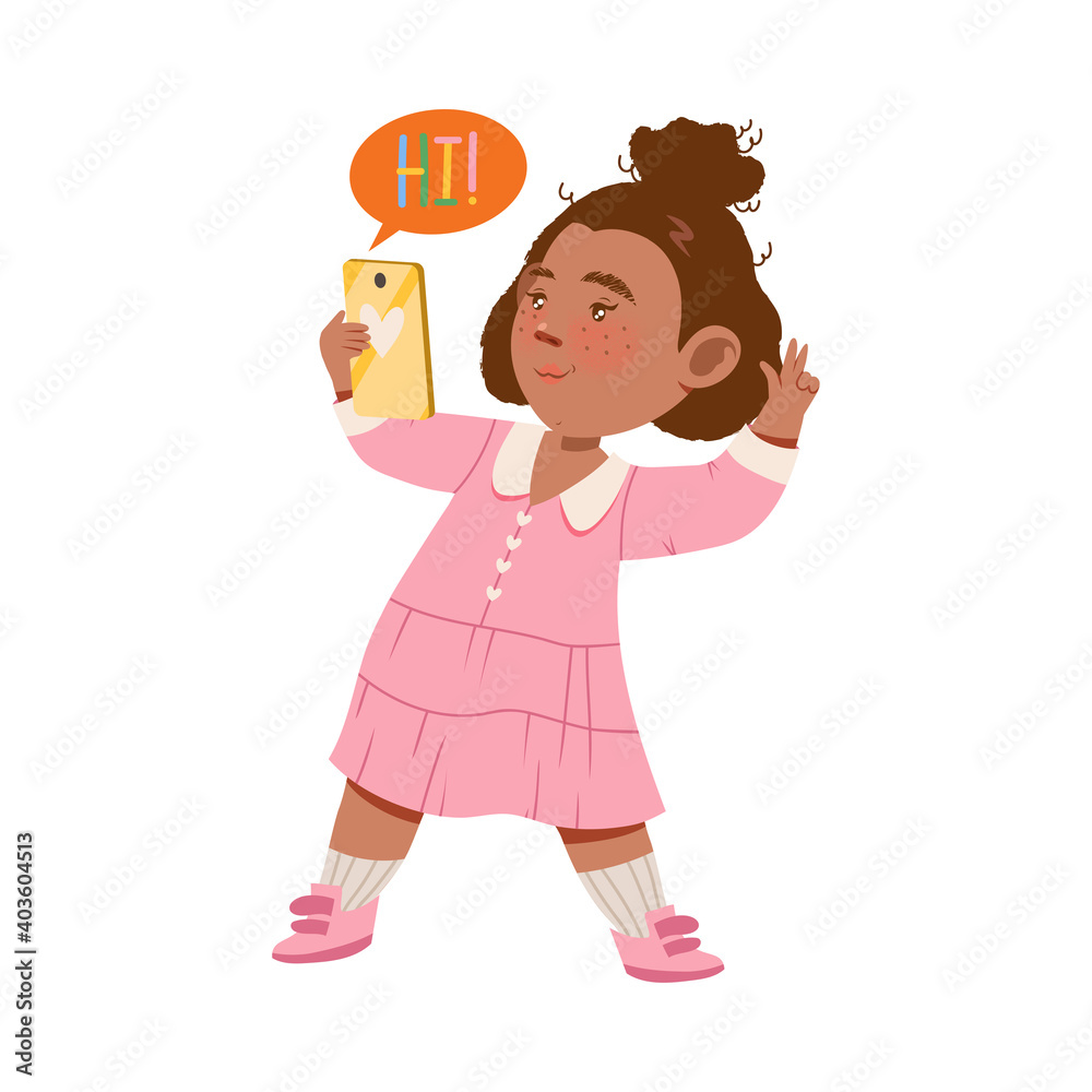 Funny Girl Holding Touch Screen Smart Phone and Speaking via Video Call Vector Illustration Funny Girl Holding Touch Screen Smart Phone and Speaking via Video Call Vector Illustration